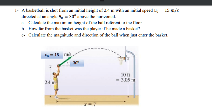 A basketball is shot from an initial height of 2.4m