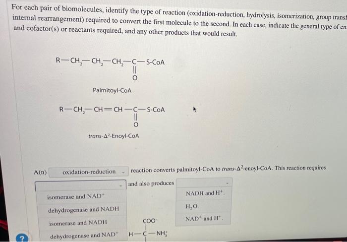 For each pair of biomolecules identify the type of reaction