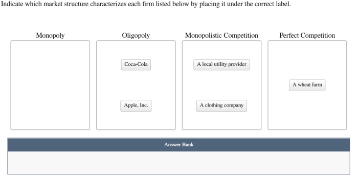 Indicate which market structure characterizes each firm